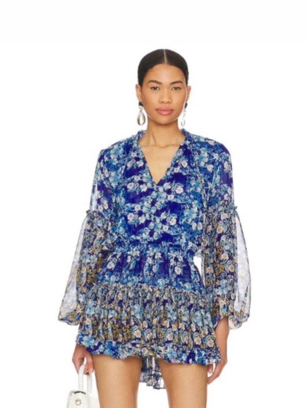 Misa Los Angeles Blue Floral Ruffle-Neck Blouse